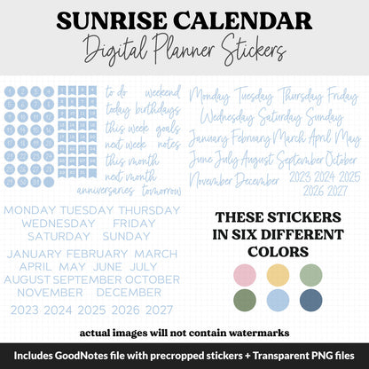 Sunrise Calendar Essentials Digital Planner Stickers | GoodNotes, iPad and Android | Dates, Days of the Week, Months