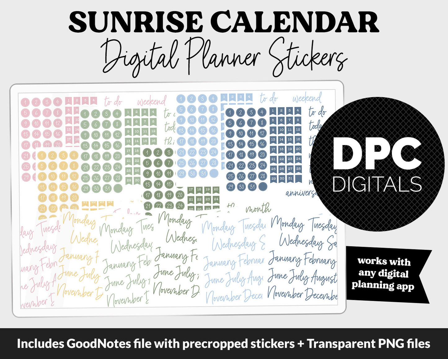 Sunrise Calendar Essentials Digital Planner Stickers | GoodNotes, iPad and Android | Dates, Days of the Week, Months