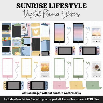 Sunrise Lifestyle Add-On Digital Stickers | GoodNotes & iPad | TV, Playlist, Travel, Reading, Work, Groceries