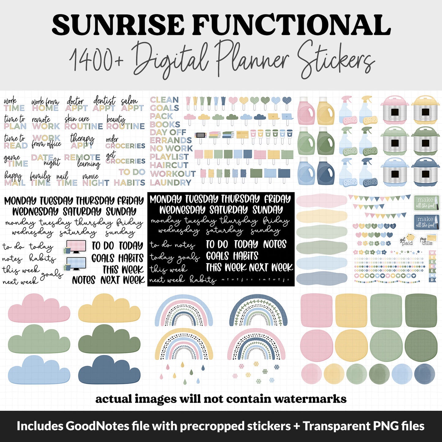 Sunrise Functional Digital Sticker Set | GoodNotes, iPad & Android | Papers, Sticky Notes, Chores, Work, Adulting, Tasks, Dates