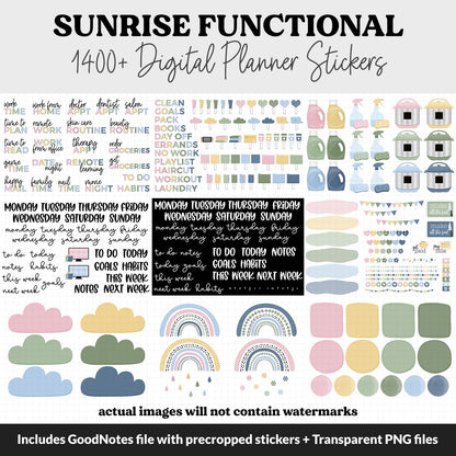 Sunrise Functional Digital Sticker Set | GoodNotes, iPad & Android | Papers, Sticky Notes, Chores, Work, Adulting, Tasks, Dates