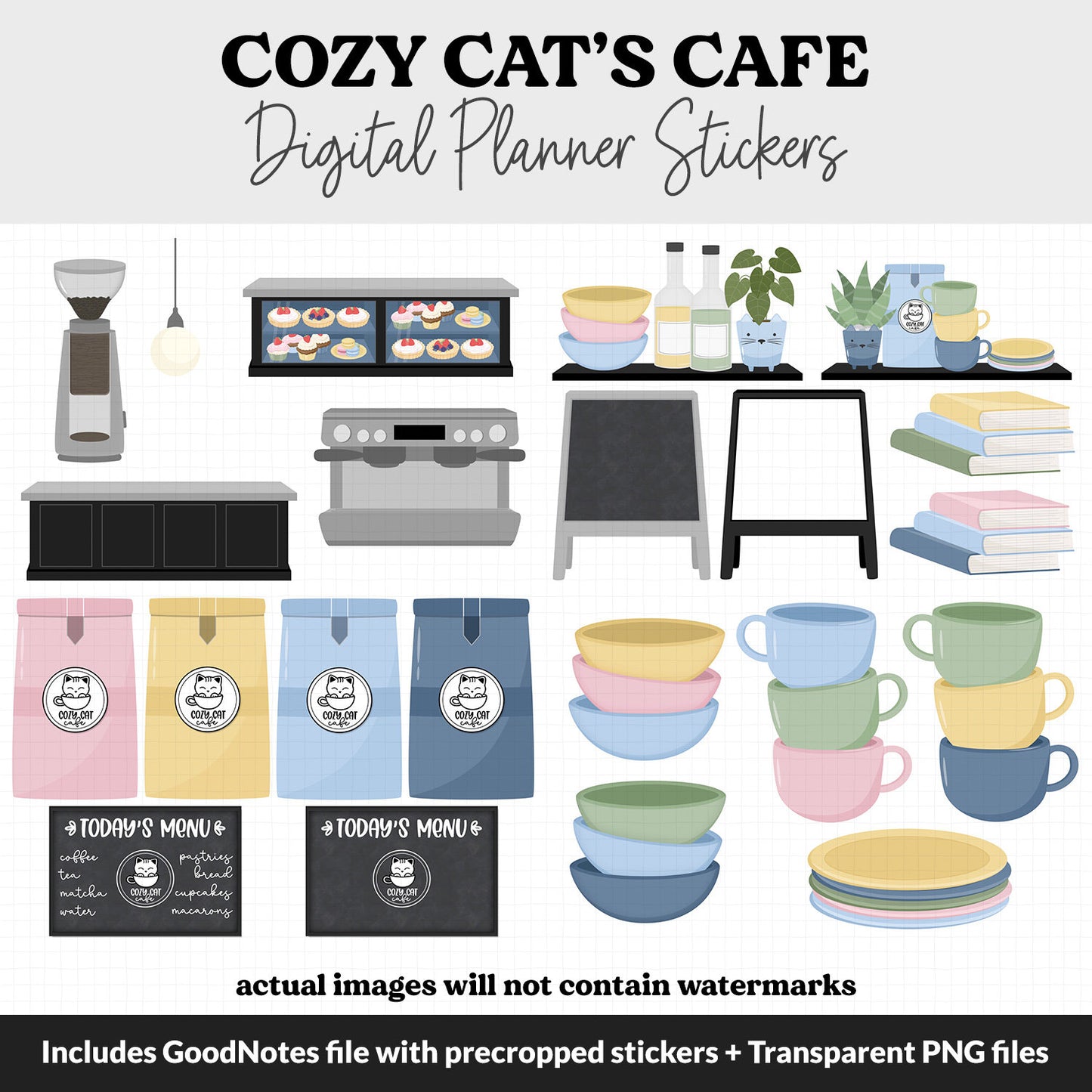 Cozy Cat's Cafe Digital Planner Stickers | GoodNotes, iPad and Android | September, Activities, Coffee, Bakery, Food, Scenes, Tea