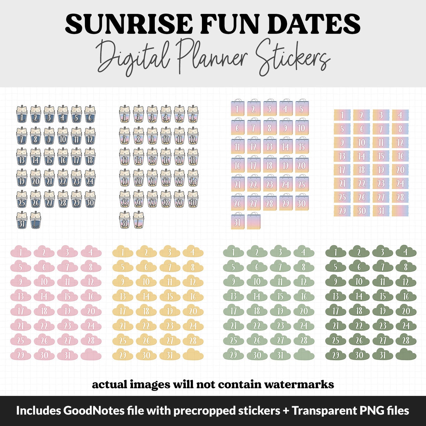Sunrise Fun Calendar Date Digital Stickers | GoodNotes, iPad and Android
