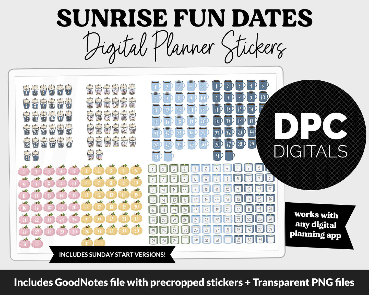 Sunrise Fun Calendar Date Digital Stickers | GoodNotes, iPad and Android