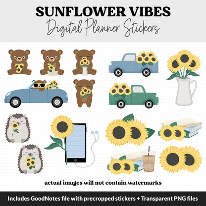 Sunflower Vibes Digital Planner Stickers | GoodNotes, iPad and Android | Floral, Huey, Gnomes, Bubbles, Functional