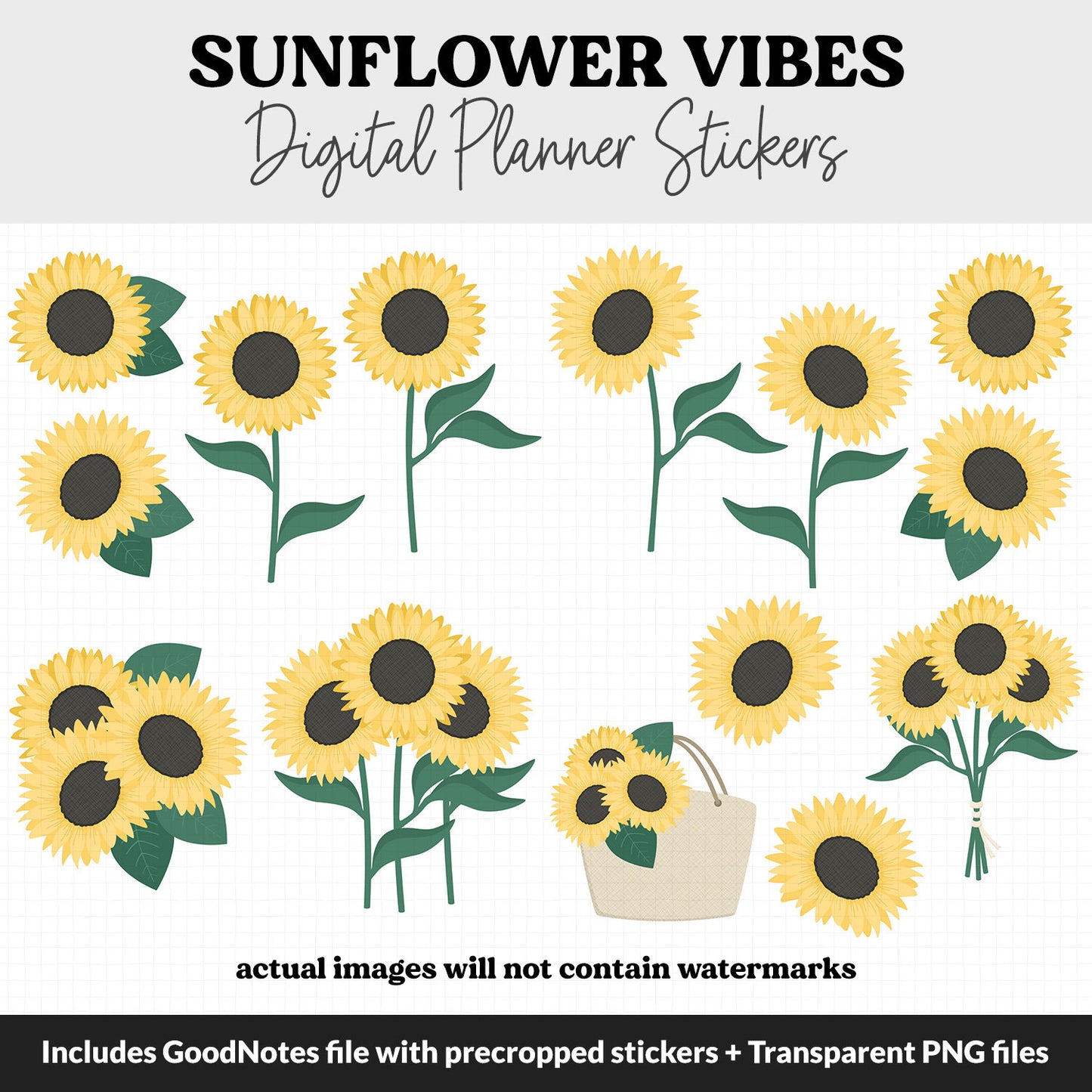 Sunflower Vibes Digital Planner Stickers | GoodNotes, iPad and Android | Floral, Huey, Gnomes, Bubbles, Functional