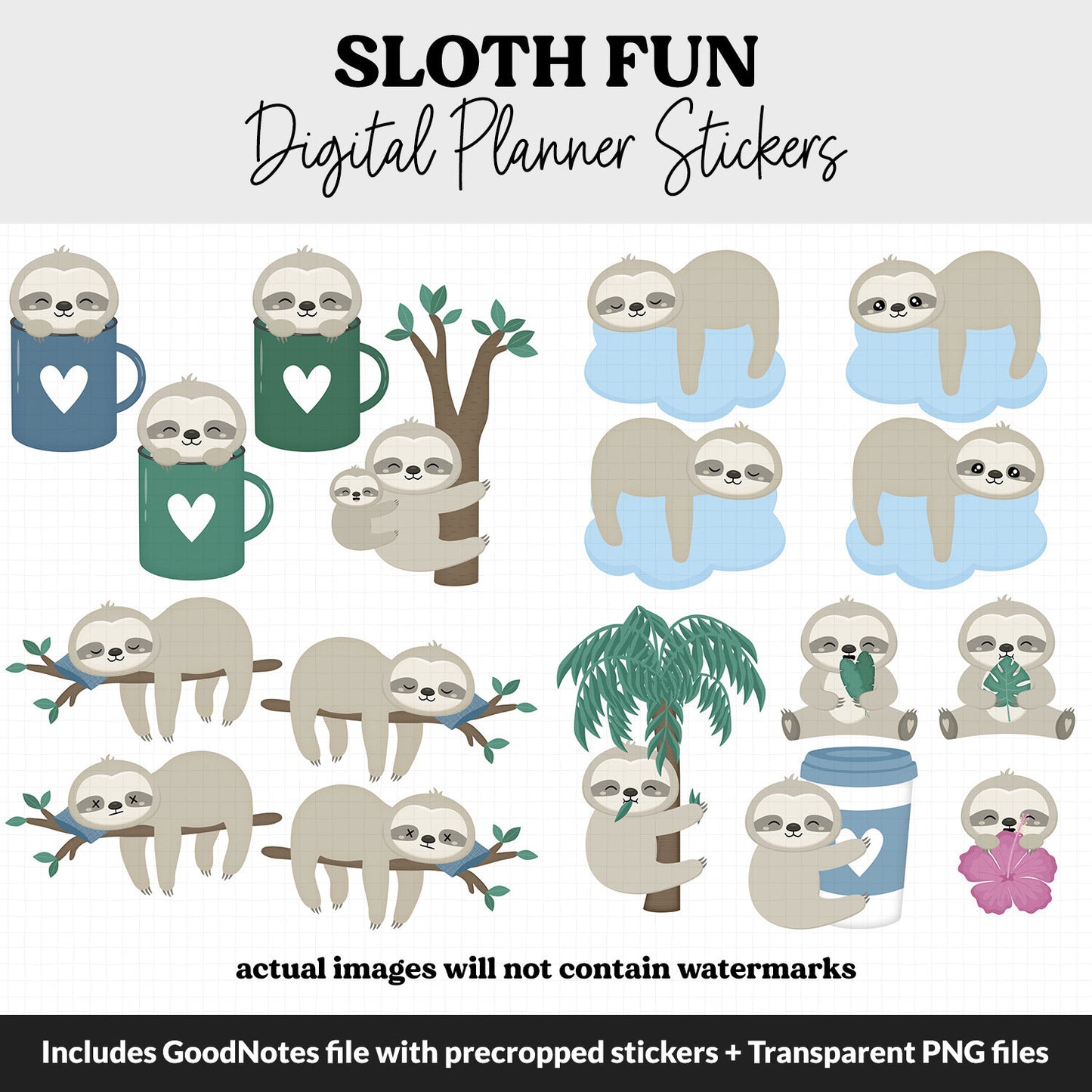 Sloth Fun Digital Planner Stickers | GoodNotes, iPad and Android | Activities, Tasks, Sassy, Simon