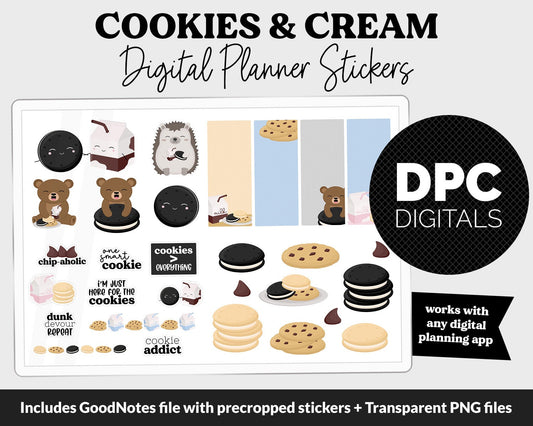 Cookies & Cream Digital Planner Stickers | GoodNotes, iPad and Android | Kawaii, Chocolate Chip, Milk