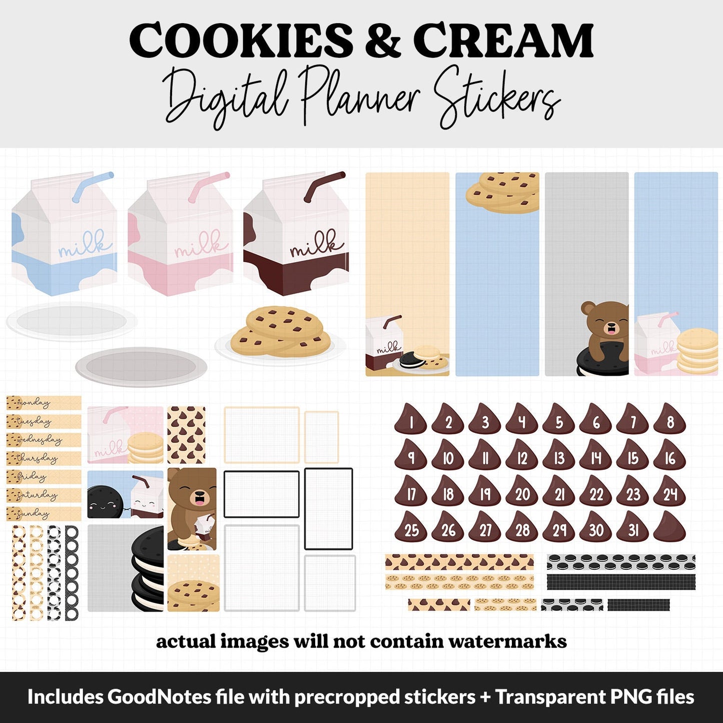 Cookies & Cream Digital Planner Stickers | GoodNotes, iPad and Android | Kawaii, Chocolate Chip, Milk