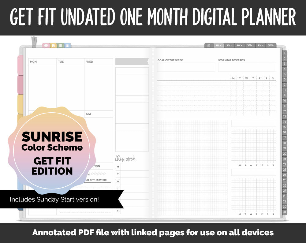 Undated Get Fit One Month Digital Planner | Sunrise Theme | GoodNotes, iPad & Android | Fitness, Self-Care, Health, Workout