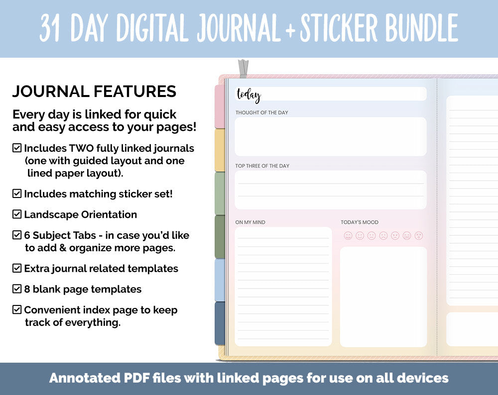 31 Day Digital Journal + Sticker Bundle | Sunrise Theme