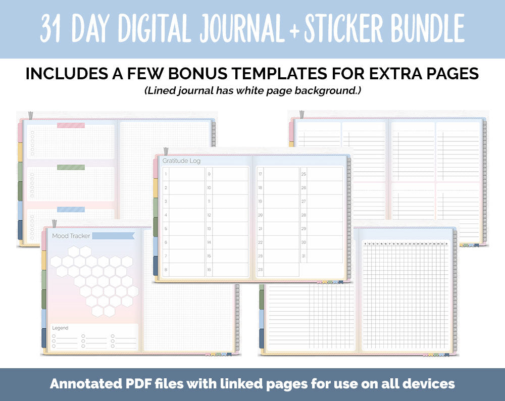 31 Day Digital Journal + Sticker Bundle | Sunrise Theme