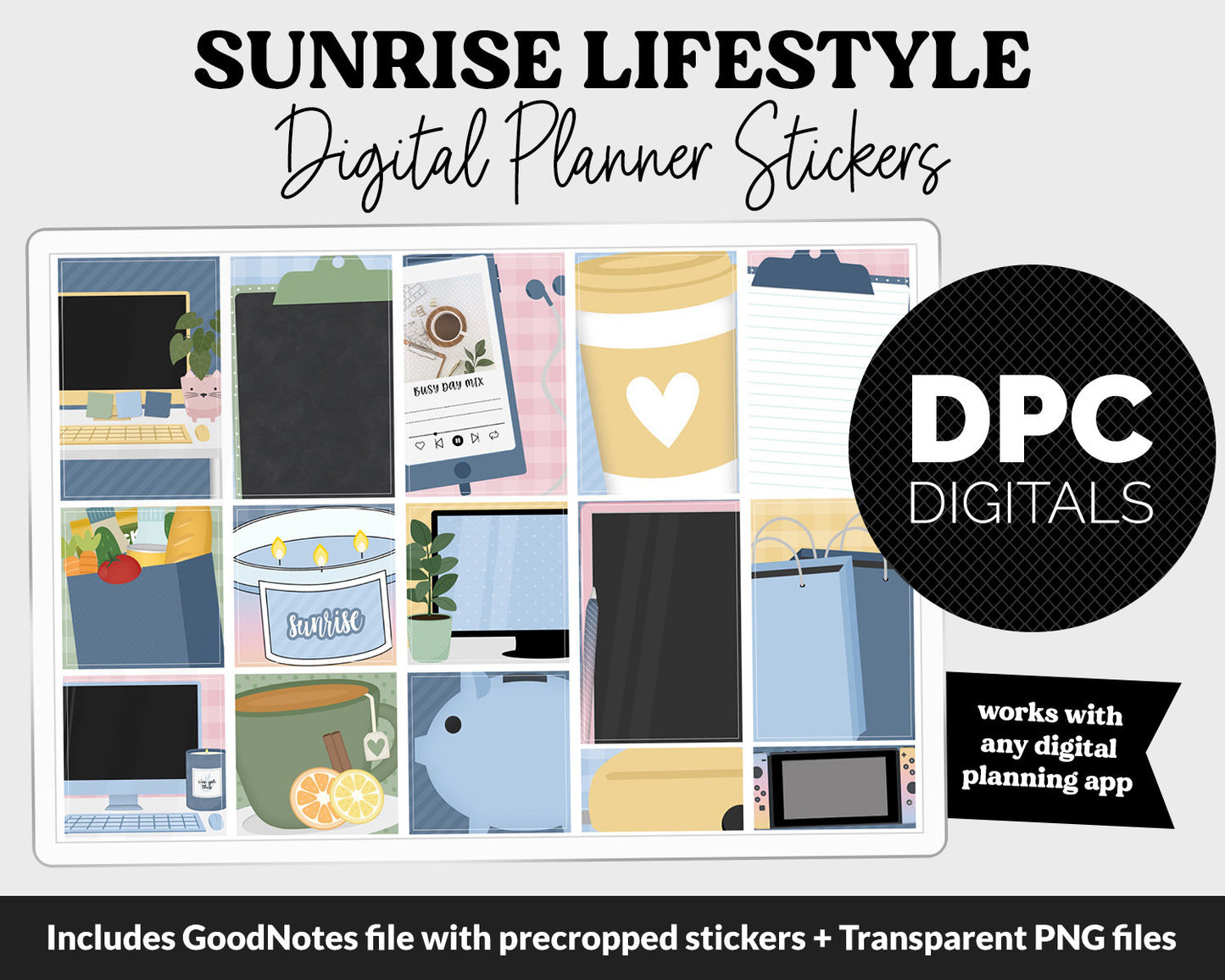 Sunrise Lifestyle Add-On Digital Stickers | GoodNotes & iPad | TV, Playlist, Travel, Reading, Work, Groceries