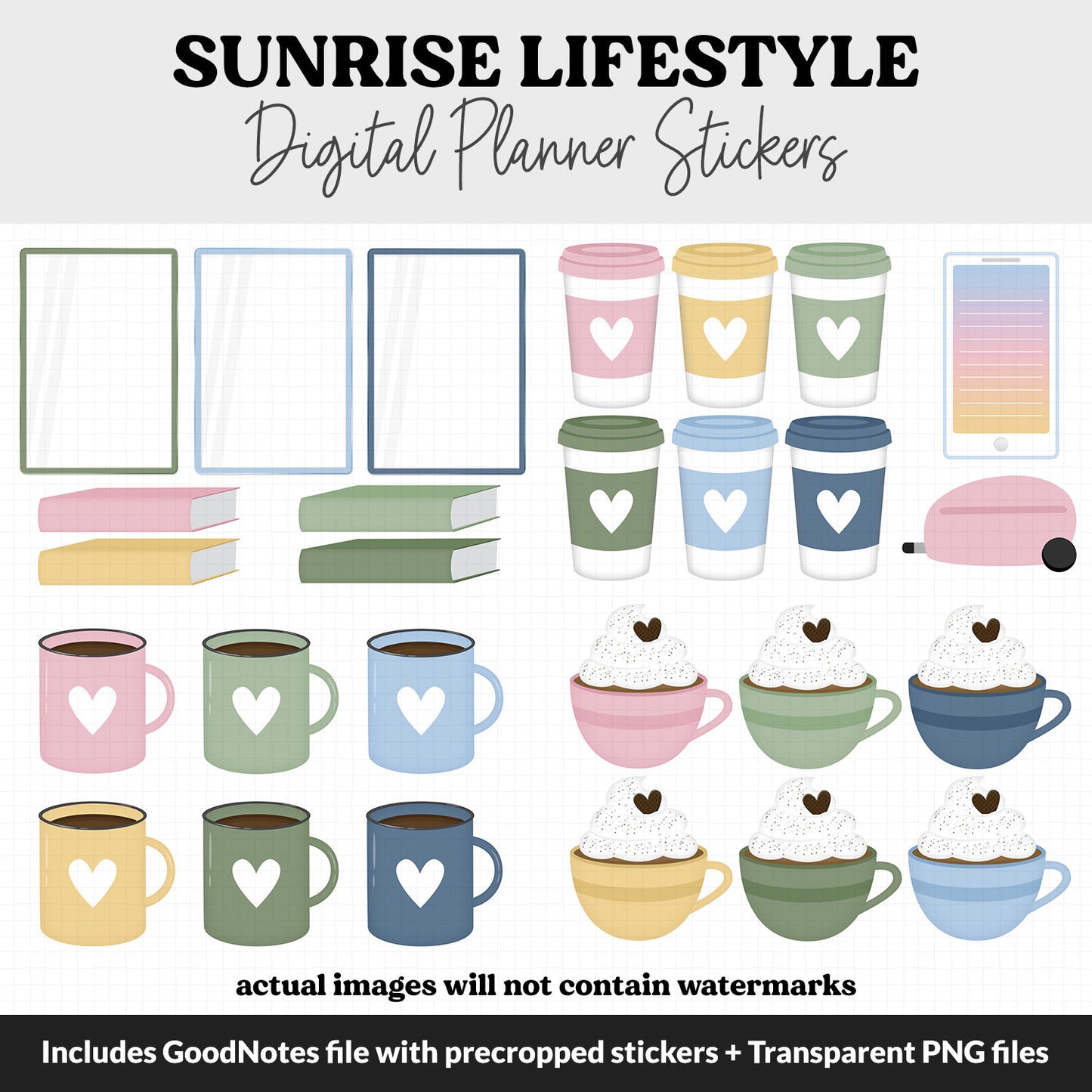 Sunrise Lifestyle Add-On Digital Stickers | GoodNotes & iPad | TV, Playlist, Travel, Reading, Work, Groceries
