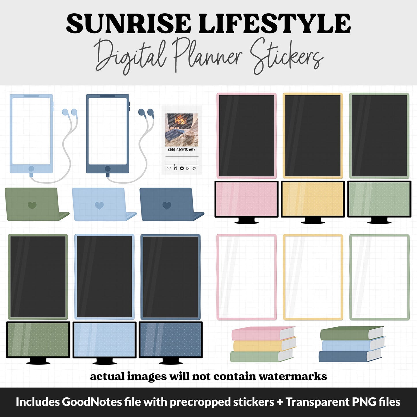Sunrise Lifestyle Add-On Digital Stickers | GoodNotes & iPad | TV, Playlist, Travel, Reading, Work, Groceries