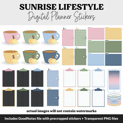 Sunrise Lifestyle Add-On Digital Stickers | GoodNotes & iPad | TV, Playlist, Travel, Reading, Work, Groceries
