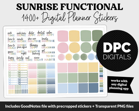 Sunrise Functional Digital Sticker Set | GoodNotes, iPad & Android | Papers, Sticky Notes, Chores, Work, Adulting, Tasks, Dates