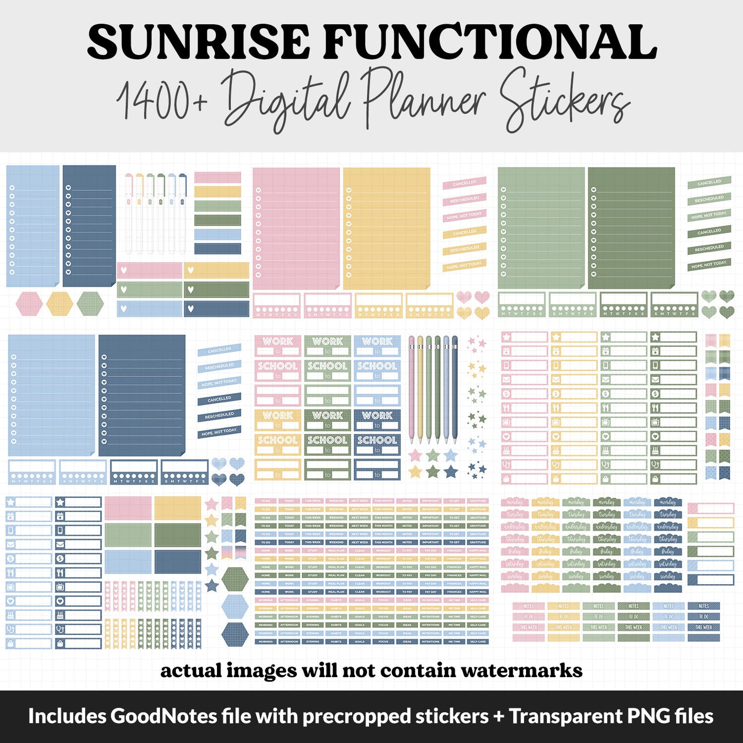 Sunrise Functional Digital Sticker Set | GoodNotes, iPad & Android | Papers, Sticky Notes, Chores, Work, Adulting, Tasks, Dates
