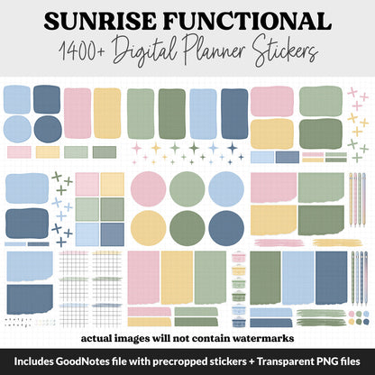 Sunrise Functional Digital Sticker Set | GoodNotes, iPad & Android | Papers, Sticky Notes, Chores, Work, Adulting, Tasks, Dates