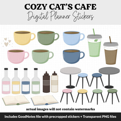 Cozy Cat's Cafe Digital Planner Stickers | GoodNotes, iPad and Android | September, Activities, Coffee, Bakery, Food, Scenes, Tea