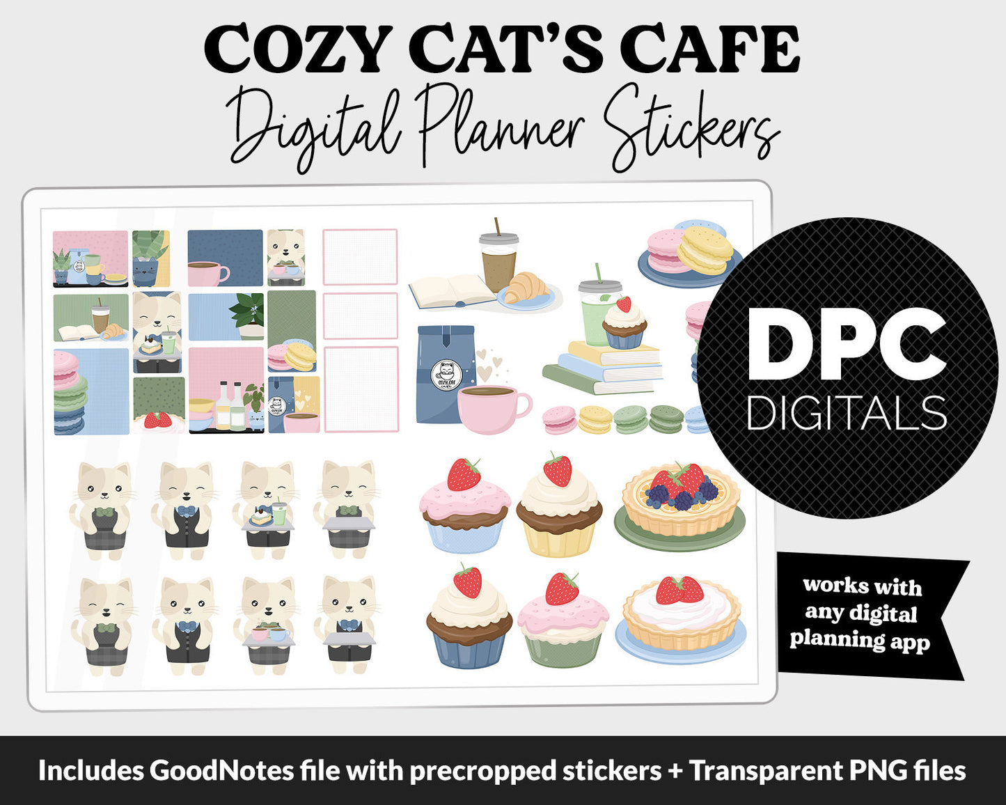 Cozy Cat's Cafe Digital Planner Stickers | GoodNotes, iPad and Android | September, Activities, Coffee, Bakery, Food, Scenes, Tea