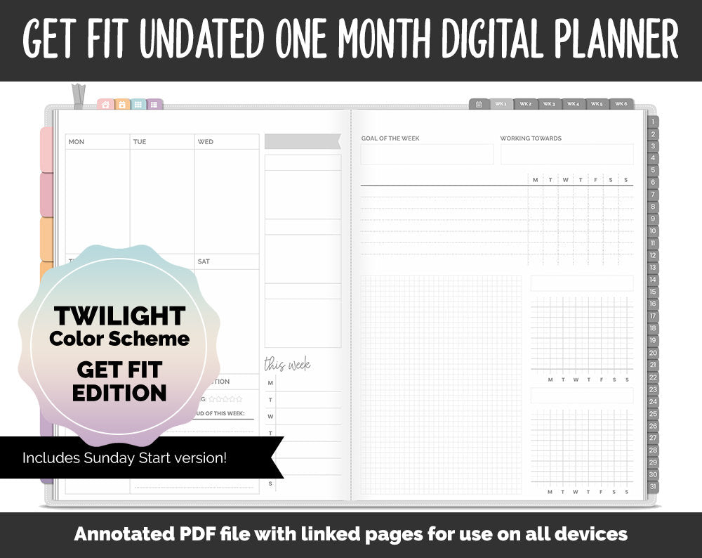 Undated Get Fit One Month Digital Planner | Twilight Theme | GoodNotes, iPad & Android | Fitness, Self-Care, Health, Workout