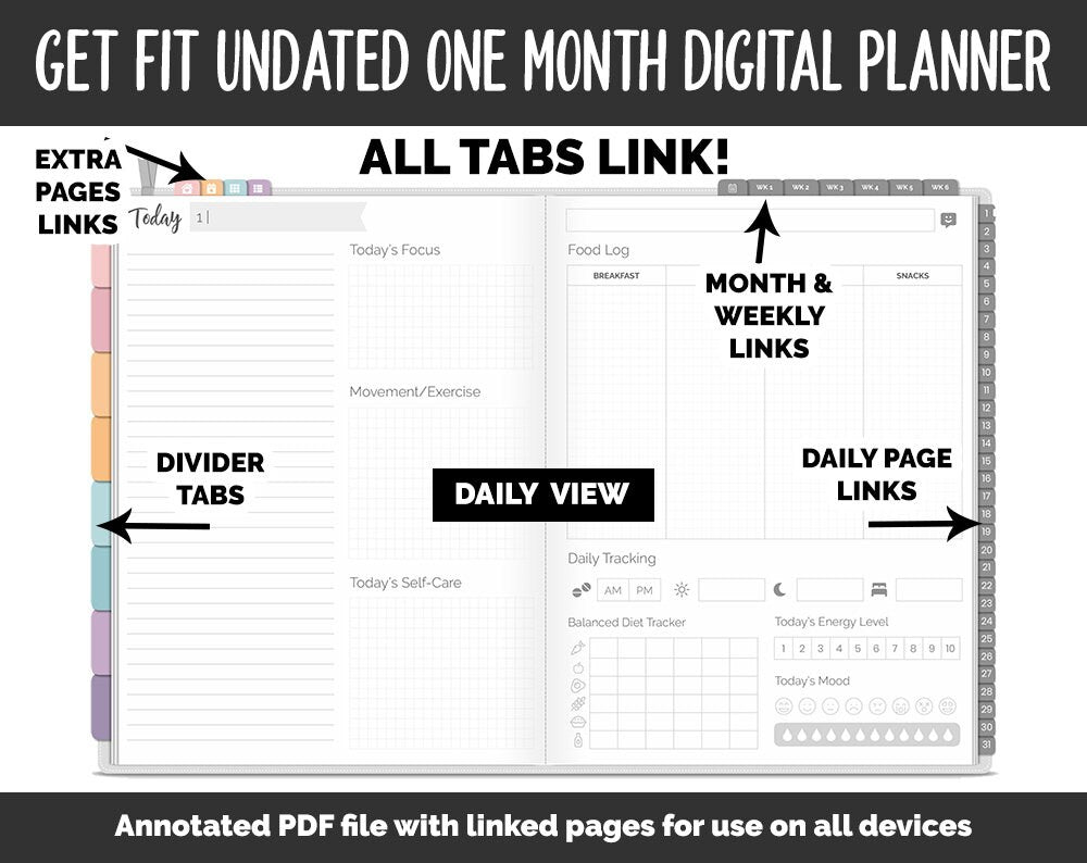 Undated Get Fit One Month Digital Planner | Twilight Theme | GoodNotes, iPad & Android | Fitness, Self-Care, Health, Workout