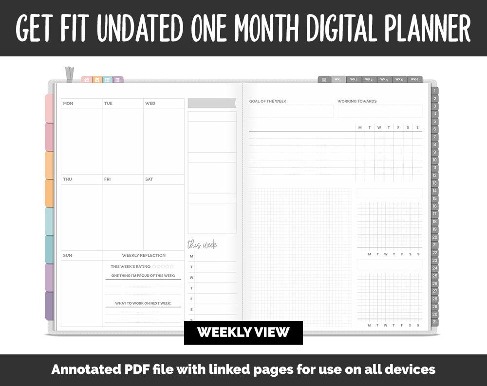 Undated Get Fit One Month Digital Planner | Twilight Theme | GoodNotes, iPad & Android | Fitness, Self-Care, Health, Workout