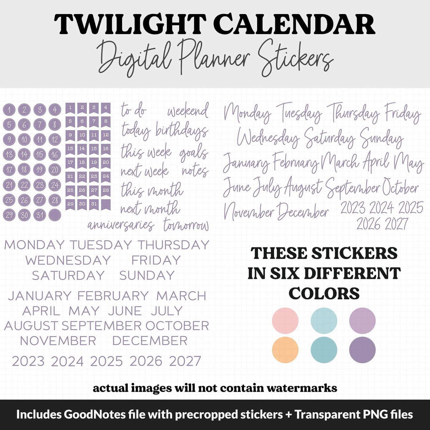 Twilight Calendar Essentials Digital Planner Stickers | GoodNotes, iPad and Android | Dates, Days of the Week, Months