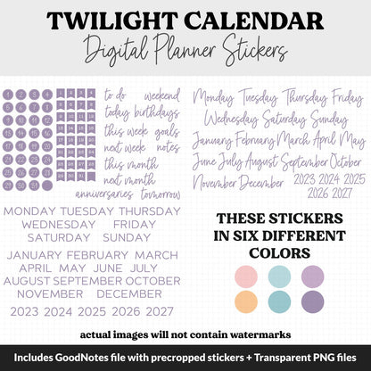 Twilight Calendar Essentials Digital Planner Stickers | GoodNotes, iPad and Android | Dates, Days of the Week, Months