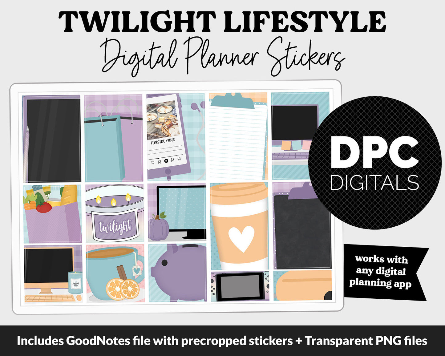Twilight Lifestyle Add-On Digital Stickers | GoodNotes & iPad | TV, Playlist, Travel, Reading, Work, Groceries