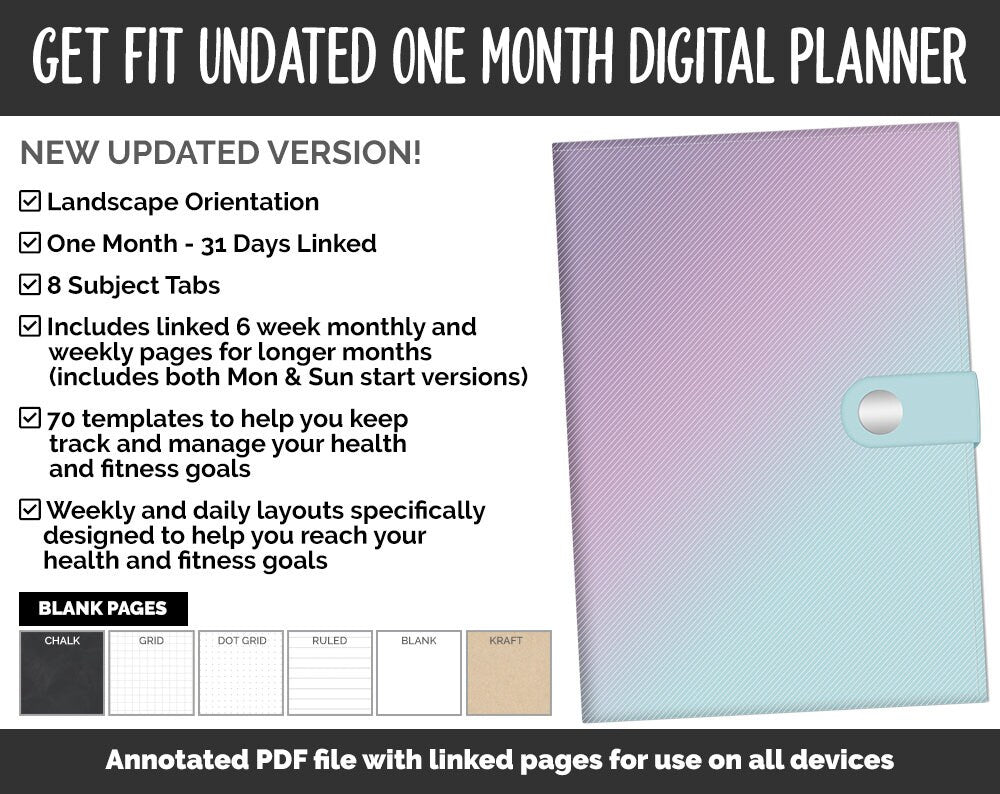Undated Get Fit One Month Digital Planner | Twilight Theme | GoodNotes, iPad & Android | Fitness, Self-Care, Health, Workout