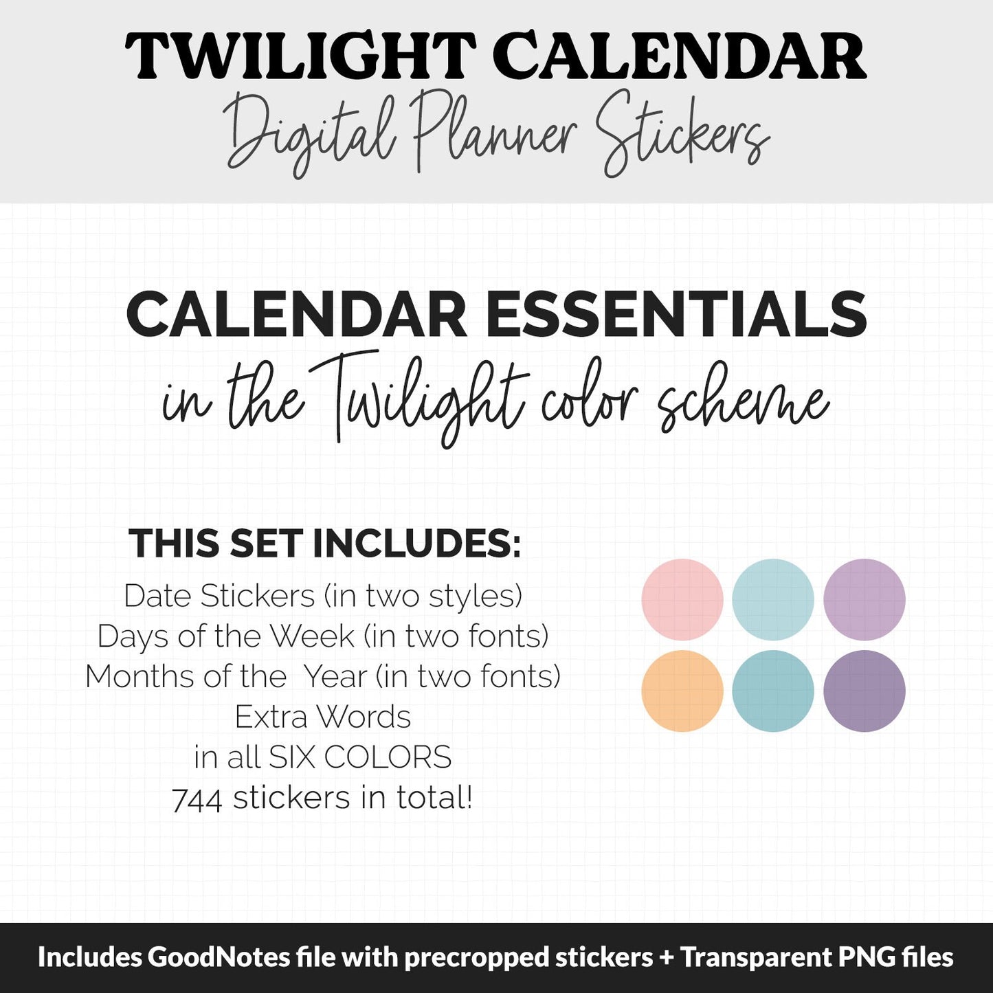 Twilight Calendar Essentials Digital Planner Stickers | GoodNotes, iPad and Android | Dates, Days of the Week, Months
