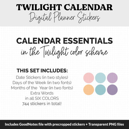 Twilight Calendar Essentials Digital Planner Stickers | GoodNotes, iPad and Android | Dates, Days of the Week, Months