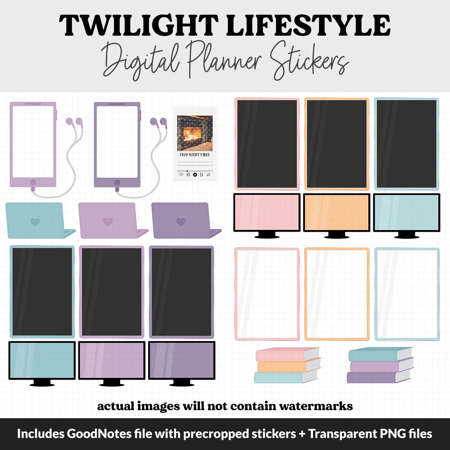 Twilight Lifestyle Add-On Digital Stickers | GoodNotes & iPad | TV, Playlist, Travel, Reading, Work, Groceries