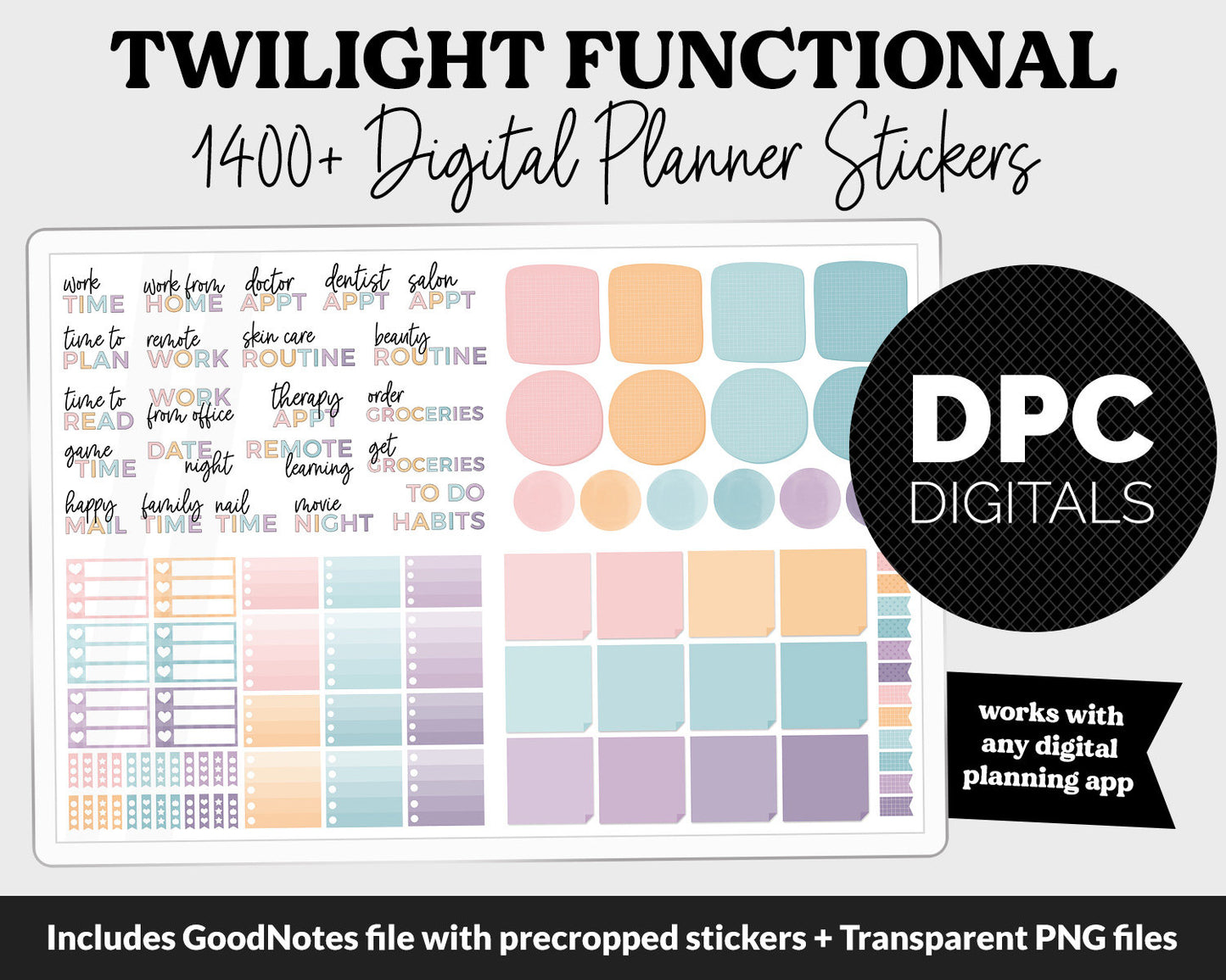 Twilight Functional Digital Sticker Set | GoodNotes, iPad & Android | Papers, Sticky Notes, Chores, Work, Adulting, Tasks, Dates