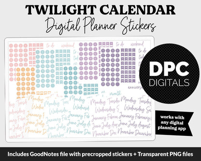 Twilight Calendar Essentials Digital Planner Stickers | GoodNotes, iPad and Android | Dates, Days of the Week, Months