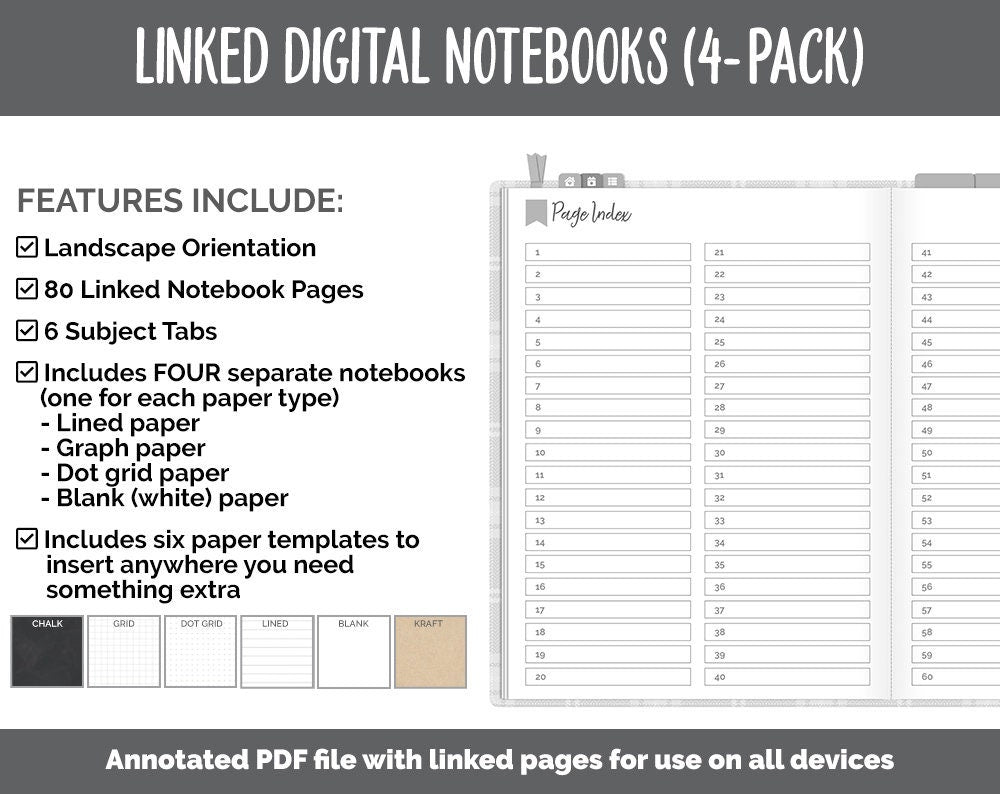 Linked Digital Notebooks 4- Pack | Gray Flannel Theme | GoodNotes, iPad & Android