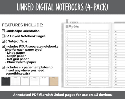 Linked Digital Notebooks 4- Pack | Gray Flannel Theme | GoodNotes, iPad & Android