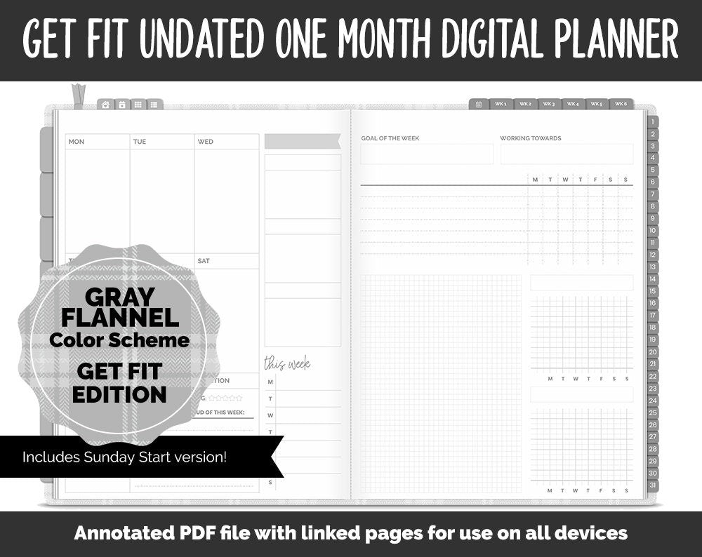 Undated Get Fit One Month Digital Planner | Gray Flannel Theme | GoodNotes, iPad & Android | Fitness, Self-Care, Health, Workout