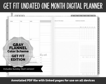 Undated Get Fit One Month Digital Planner | Gray Flannel Theme | GoodNotes, iPad & Android | Fitness, Self-Care, Health, Workout