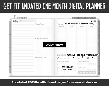 Undated Get Fit One Month Digital Planner | Gray Flannel Theme | GoodNotes, iPad & Android | Fitness, Self-Care, Health, Workout