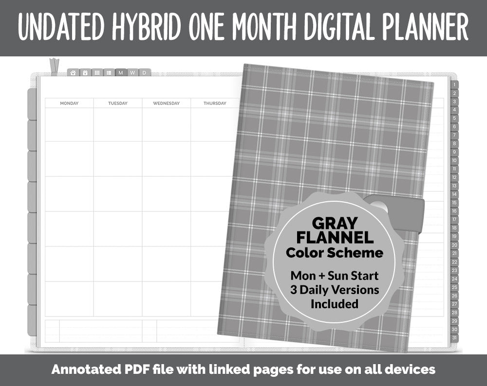 Undated Hybrid One Month Digital Planner | Gray Flannel Theme | GoodNotes, iPad & Android