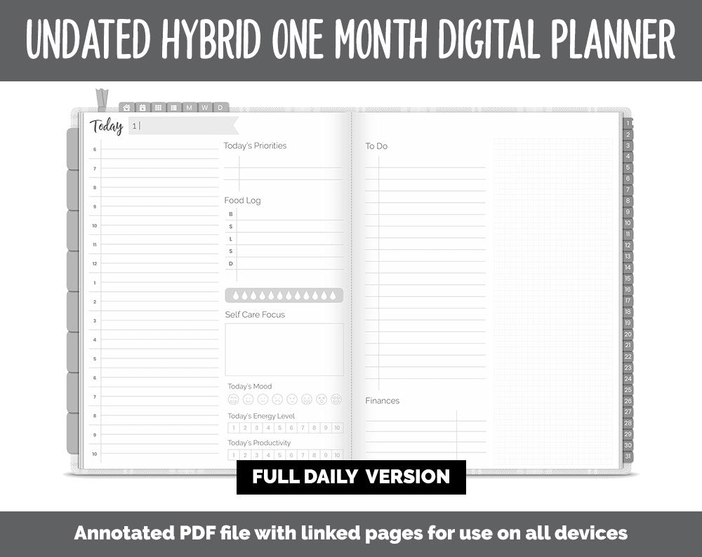 Undated Hybrid One Month Digital Planner | Gray Flannel Theme | GoodNotes, iPad & Android