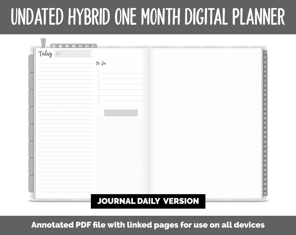 Undated Hybrid One Month Digital Planner | Gray Flannel Theme | GoodNotes, iPad & Android