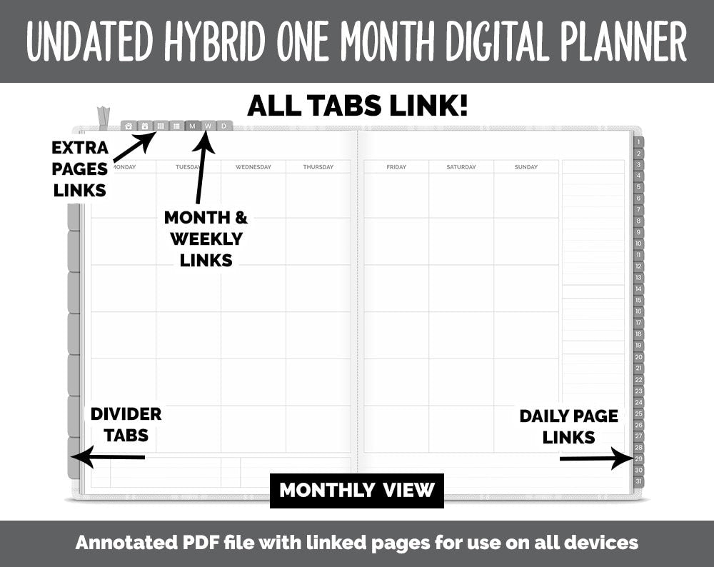 Undated Hybrid One Month Digital Planner | Gray Flannel Theme | GoodNotes, iPad & Android