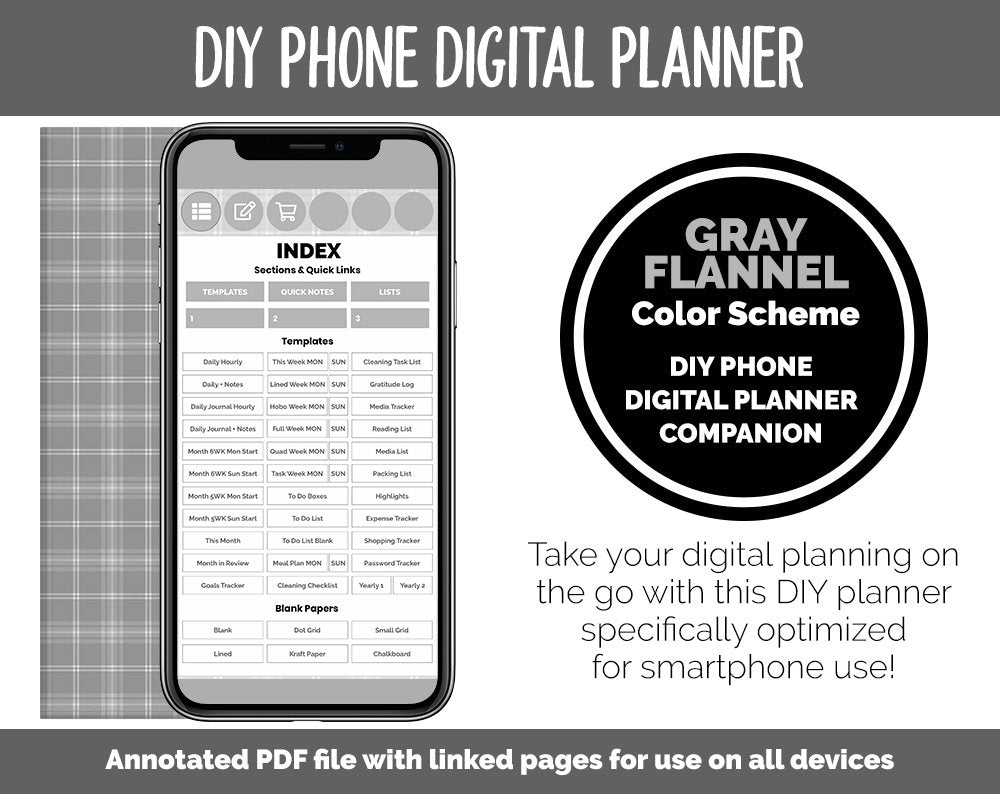 DIY Phone Digital Planner | Gray Flannel Theme | Goodnotes, iPad & Android | Hobonichi, Planner, Notebook