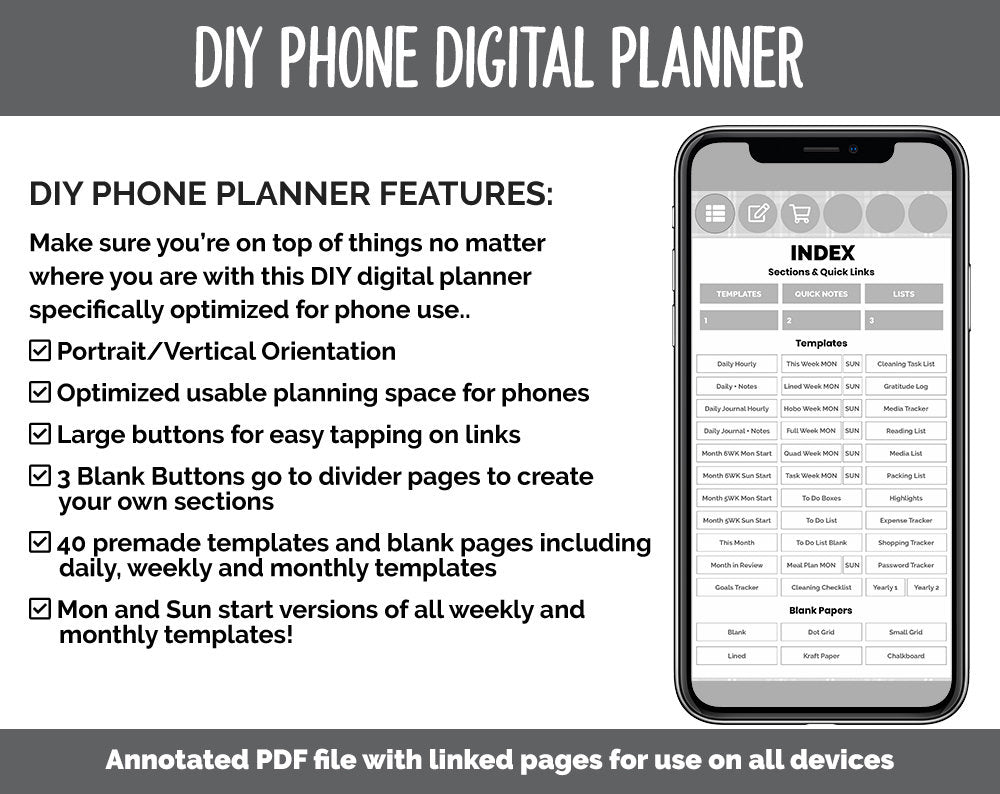 DIY Phone Digital Planner | Gray Flannel Theme | Goodnotes, iPad & Android | Hobonichi, Planner, Notebook