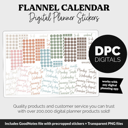 Flannel Calendar Essentials Digital Planner Stickers | GoodNotes, iPad and Android | Dates, Days of the Week, Months