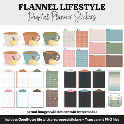 Flannel Lifestyle Add-On Digital Stickers | GoodNotes & iPad | TV, Playlist, Travel, Reading, Work, Groceries